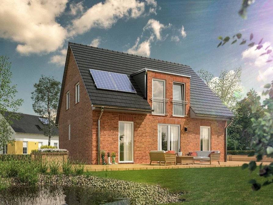 Entdecken Sie das Klinker-Einfamilienhaus Flair 134 mit modernem Anthrazit-Satteldach, Photovoltaikanlage, bodentiefen Fenstern und einer einladenden Terrasse für zeitgemäßes Wohnen.